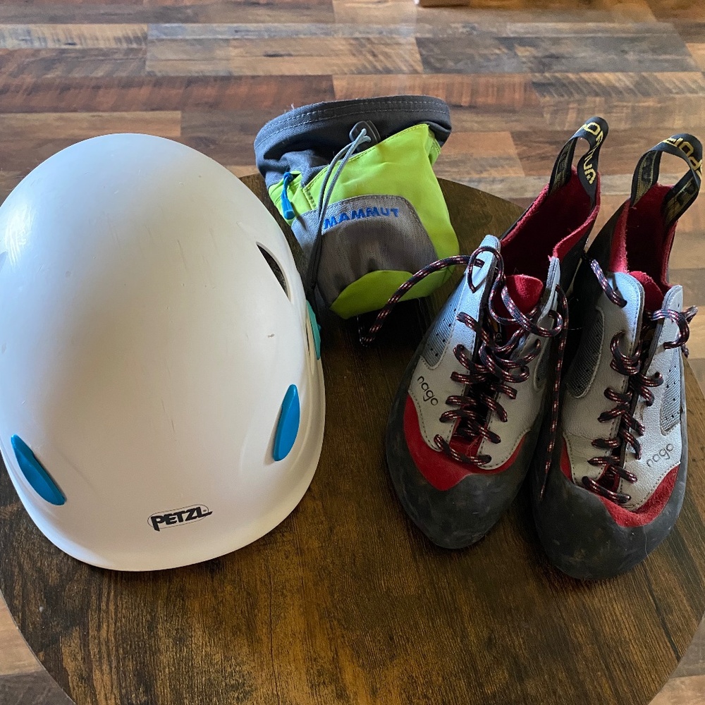 Climbing Petzl Helmet, La Sportive Shoes and Mammut Chalk Bag